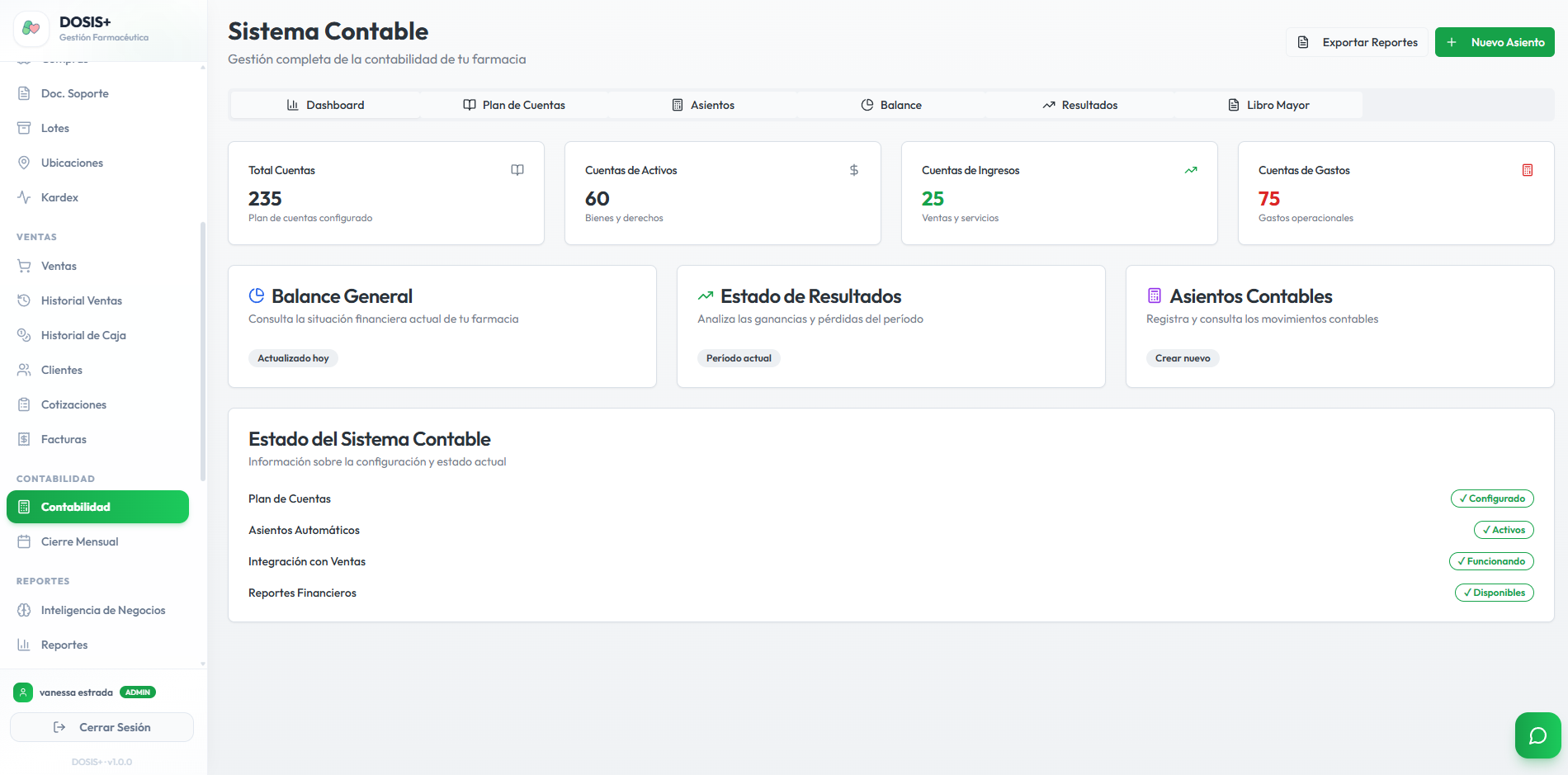 Dashboard contable con plan de cuentas